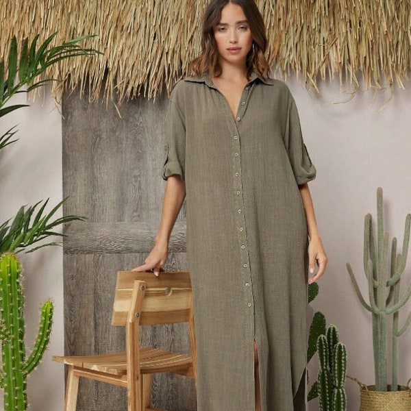 Robe chemise avec manches pattes, robe chemise lin, linen shirt dress, chemisier