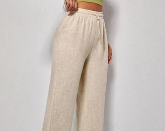 Pantalon en lin pour femme, pantalon droit à taille élastique avec cordon de serrage, pantalon en lin décontracté