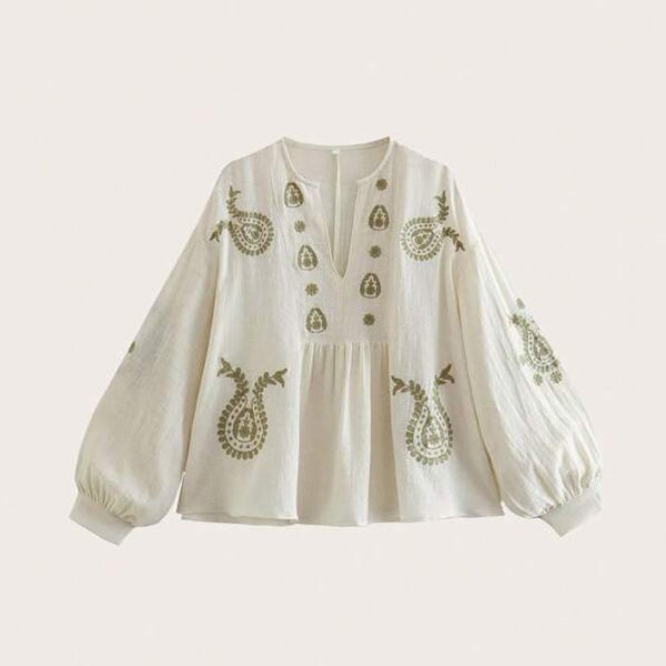 Blouse Péplum Brodé Fleur Manches Bouffantes lin , vêtement brodé fleur