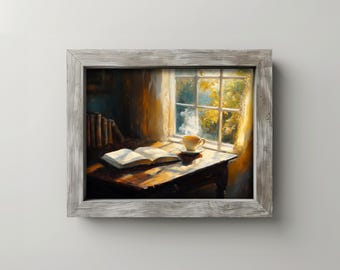 May include: A painting depicting a cosy room with a window overlooking a lush green garden. Sunlight streams through the window, illuminating a book and a cup of coffee on a wooden table.