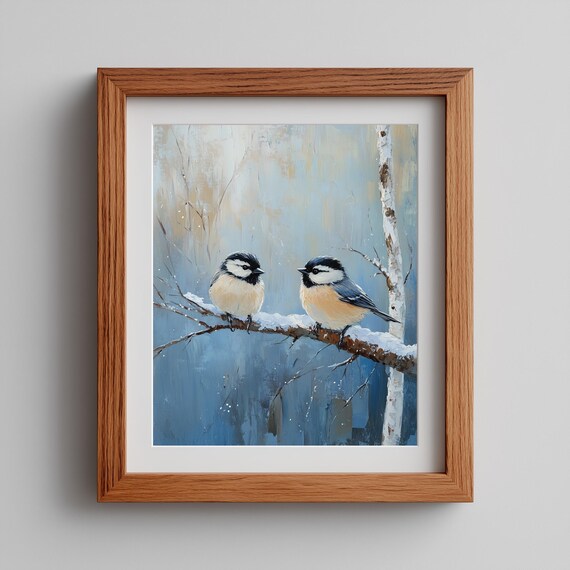 Winter Chickadees Painting - Rustic Snowy Scene, Printable Wall Art, Cottagecore Bird Decor, Vintage Winter Nature Print, Digital Art 165