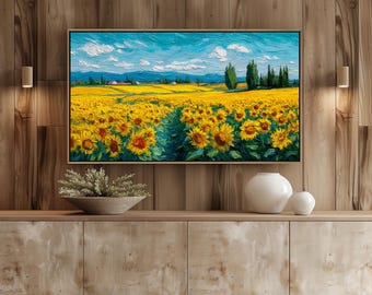 Sunflower Field in Summer Oil Painting - Vibrant Floral Landscape Art, Printable Cottage Decor, Rustic Country Wall Art, Digital Download 7