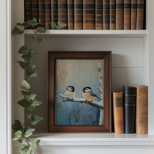 Winter Chickadees Painting - Rustic Snowy Scene, Printable Wall Art, Cottagecore Bird Decor, Vintage Winter Nature Print, Digital Art 165 image 2