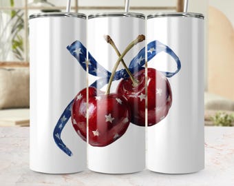 Envoltura digital para vaso de cereza patriótica de 20 oz, diseño de estrellas y rayas del 4 de julio, envoltura para vaso con orgullo estadounidense