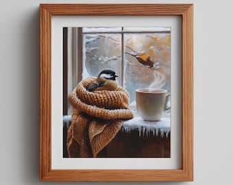 May include: A framed print shows a winter scene with a bird wrapped in a knitted scarf, next to a window with snow and a warm mug. The artwork is in a wooden frame, creating a feeling of warmth and comfort.