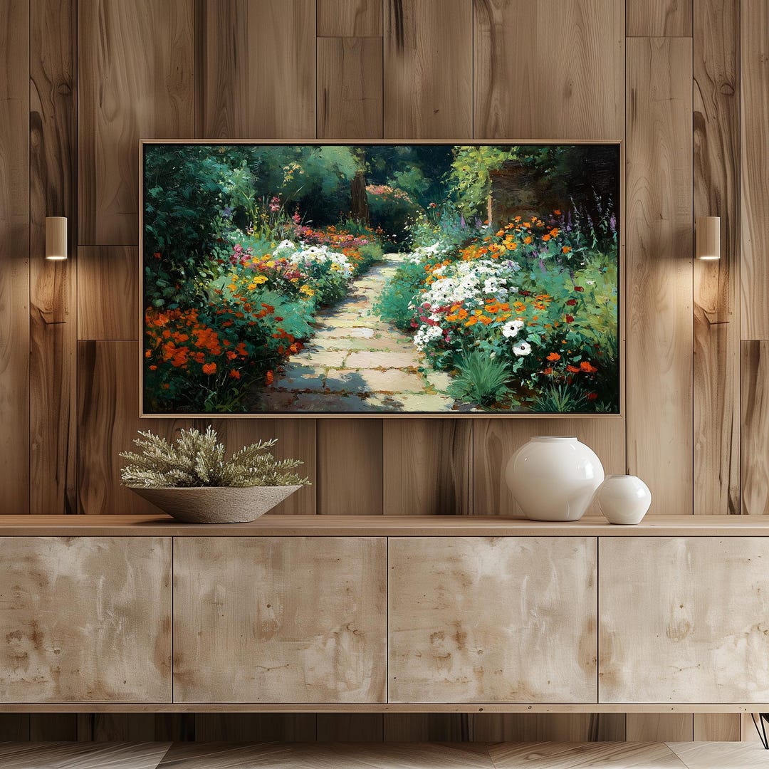 Cottage Garden Pathway - Summer Floral Oil Painting, Rustic Cottagecore ...