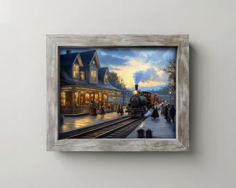 Può includere: Un dipinto incorniciato di un treno a vapore d'epoca che arriva in una stazione al tramonto. Il treno è rosso e nero con fumo che esce dal camino. Le persone sono radunate sul binario, alcune salutano il treno. La stazione è un edificio in legno con un portico e luci.
