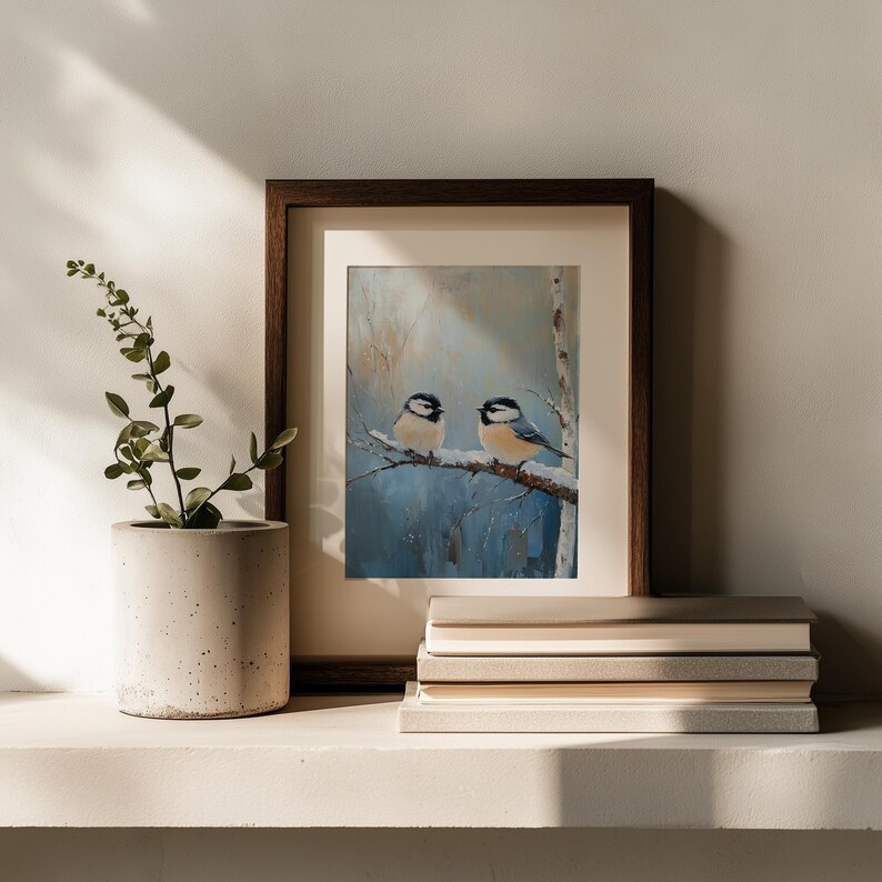 Winter Chickadees Painting - Rustic Snowy Scene, Printable Wall Art, Cottagecore Bird Decor, Vintage Winter Nature Print, Digital Art 165 image 5