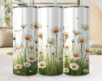 Vrolijke digitale beker wrap madeliefje veld, boho bloemen png-bestand, wrap beker lentebloem, wrap beker madeliefje bloemen png, 20 oz