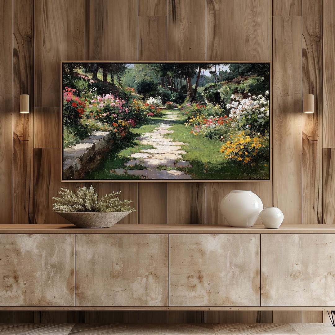 Rustic Garden Pathway in Summer - Printable Oil Painting, Cottagecore ...