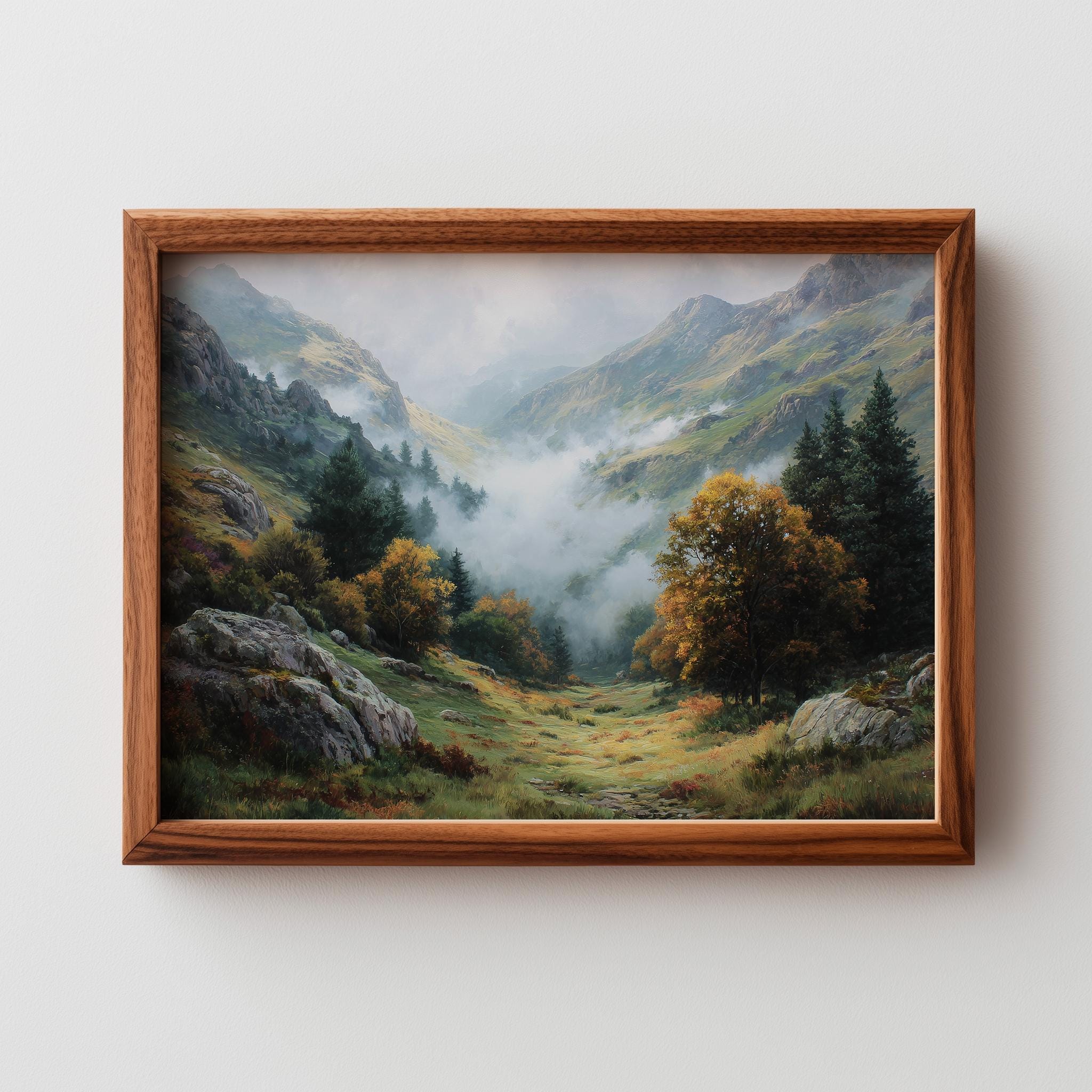 素朴な山道の絵画 - 早朝の風景画、霧深い秋の谷の風景、印刷可能な