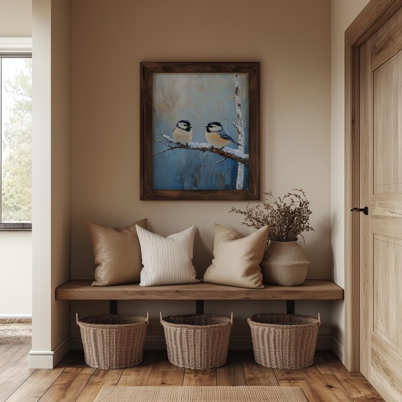 Winter Chickadees Painting - Rustic Snowy Scene, Printable Wall Art, Cottagecore Bird Decor, Vintage Winter Nature Print, Digital Art 165 image 6