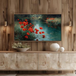 Rustikales Mohnblumen Ölgemälde - Wildblumen Wiese Szene, erdige TV Kunst, Cottagecore Dekor, Landlandschaft Kunst 25