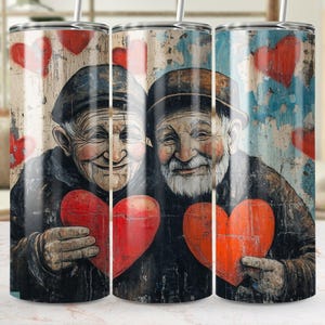 Vintage Elderly Couple with Hearts Digital Tumbler Wrap PNG SVG, Rustic Love Illustration, Heartwarming Art for Tumblers, 20oz