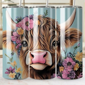 Highland Cow Floral Tumbler Wrap PNG Digital Download, Cute Cow with Flowers, High Quality Sublimation Design, Instant Download, 20oz