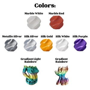 May include: A variety of colors for 3D printing filament, including marble white, marble red, metallic silver, silk silver, silk gold, silk white, silk purple, gradient light rainbow, and gradient rainbow.