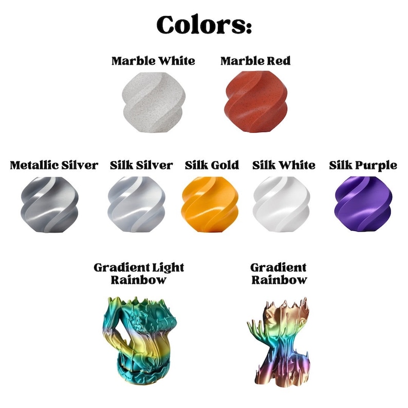 May include: A variety of colors for 3D printing filament, including marble white, marble red, metallic silver, silk silver, silk gold, silk white, silk purple, gradient light rainbow, and gradient rainbow.