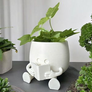 Cute Happy Face Planter, Book Pot, Gift for Book Lovers, Great Home & Office Decoration, Unique Floral Holder. One Color
