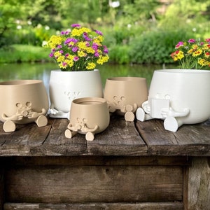 May include: Four ceramic planters with cartoon faces and legs. Two are brown and two are white. The planters are filled with flowers and are sitting on a wooden table.