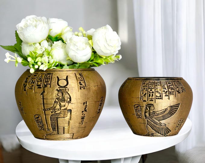 Hand-Painted Canopic Jar Planter: Egyptian Decor, Plant Lover Gift