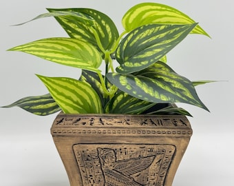 Hand Painted Square Canopic Jar Planter: Egyptian Decor Plant Pot
