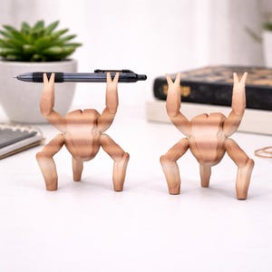 May include: Two wooden pen holders shaped like figures with arms raised. One holds a black pen. The figures have a light brown color with darker brown stripes. The pen holders are on a white surface, with a succulent plant and books in the background.