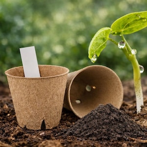 May include: A close-up shot of gardening supplies. Two small, brown, biodegradable pots sit in soil, one upright with a white plant marker, the other on its side. A small pile of dark soil and a young plant with water droplets are also visible.