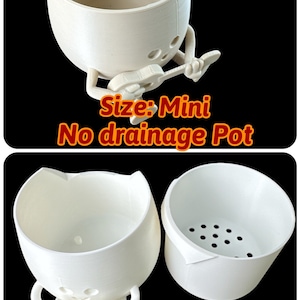 May include: Two white ceramic planter pots shaped like a person holding a musical instrument. The smaller pot has no drainage holes. The larger pot has drainage holes. The text "Size: Mini No drainage Pot" is below the smaller pot. The text "Sizes: Small and Medium With drainage pot" is below the larger pot.