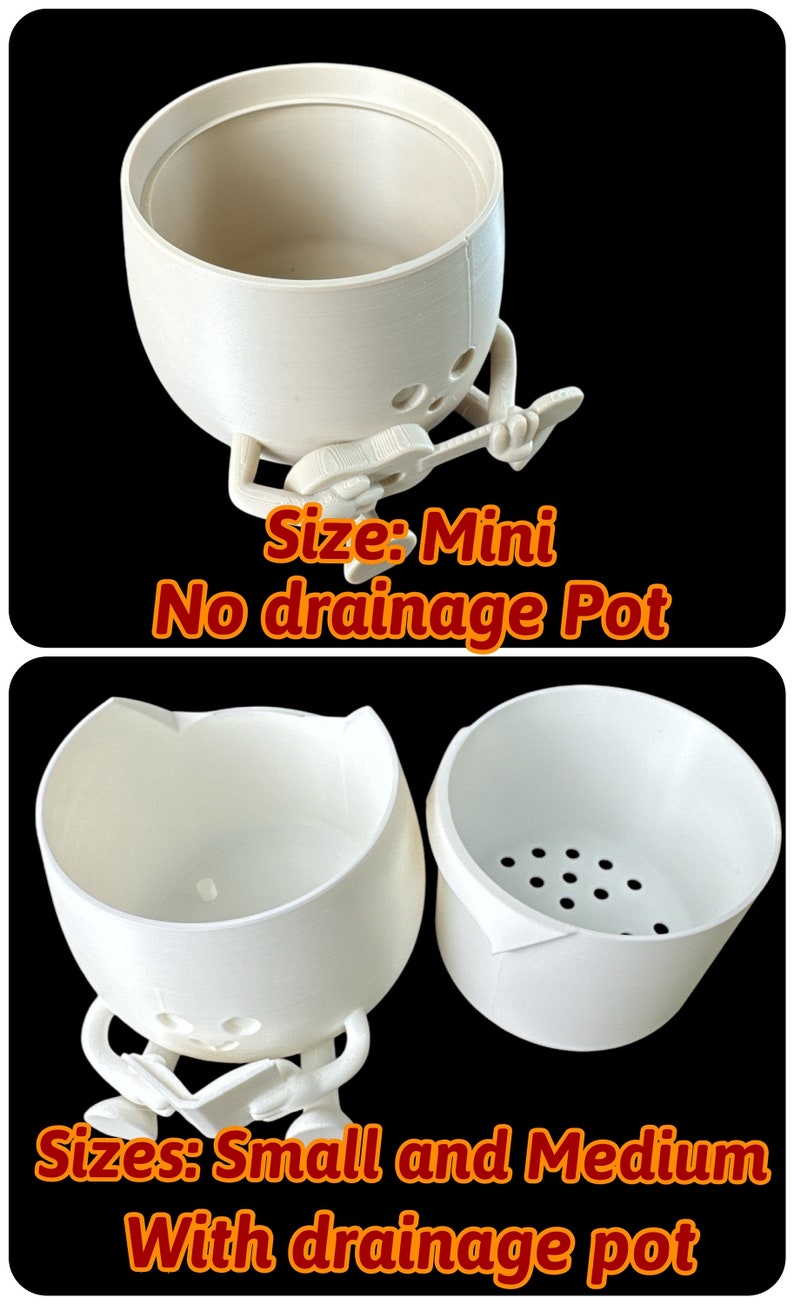 May include: Two white ceramic planter pots shaped like a person holding a musical instrument. The smaller pot has no drainage holes. The larger pot has drainage holes. The text "Size: Mini No drainage Pot" is below the smaller pot. The text "Sizes: Small and Medium With drainage pot" is below the larger pot.