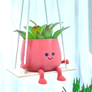 May include: A pink, smiling planter with legs and arms, holding onto a white swing. The planter is filled with a green succulent plant.