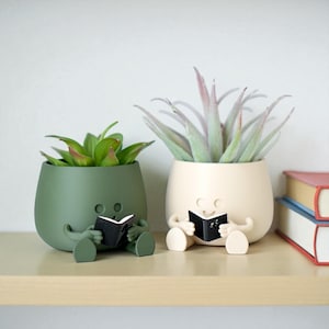 3D Printed Book Planter, Happy Face Succulent Pot, Bookish Decor