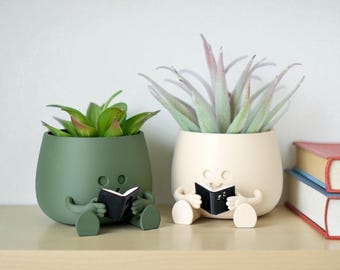3D Printed Book Planter, Happy Face Succulent Pot, Bookish Decor