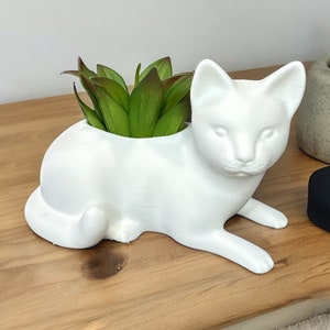 May include: White ceramic cat planter with a succulent plant inside. The planter is shaped like a cat lying down with its head resting on its paws.