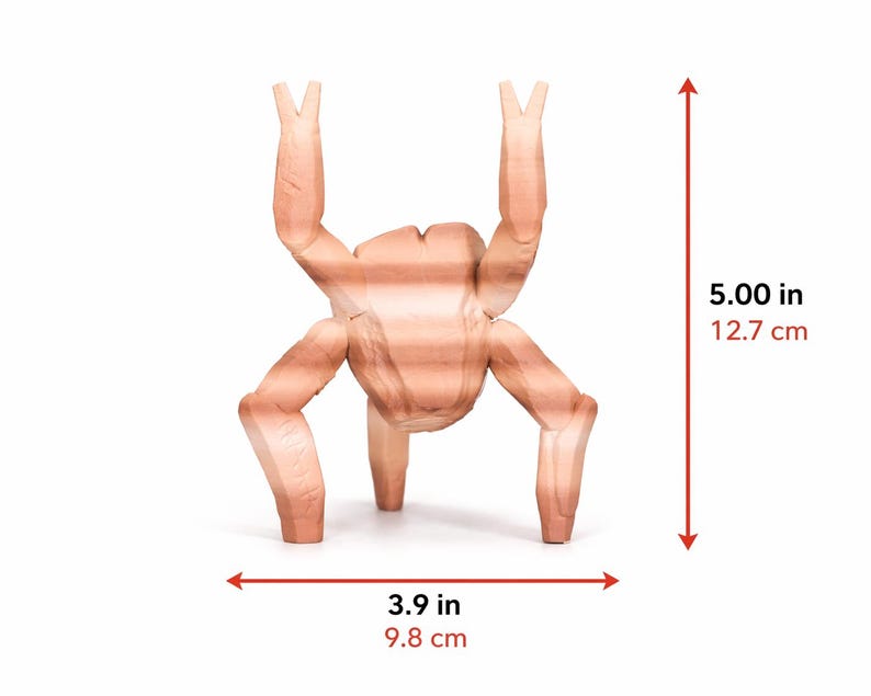 May include: A light brown, abstract wooden sculpture resembling a chicken. The sculpture is 5.00 inches (12.7 cm) tall and 3.9 inches (9.8 cm) wide. It has two arms raised and two legs extended.