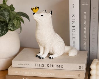 Arctic Fox with Butterfly - Quicksilver Gift for Readers - Minimalist Bookshelf Decor - Bookish Gift for Book Lovers