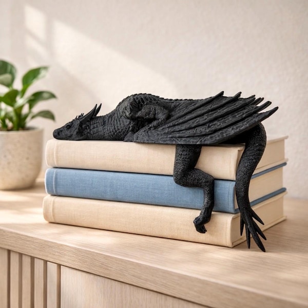 Dragon Bookshelf Decor, Sleeping Dragon Shelf Edge Figurine, Fantasy Book Decor, Unique Gift for Book Lovers, Cabinet or Desk Accent