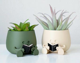 Happy Face Planter, Reading Plant Pot with Drainage, Indoor Decor for Houseplants