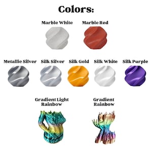 May include: A variety of colors for 3D printing filament, including marble white, marble red, metallic silver, silk silver, silk gold, silk white, silk purple, gradient light rainbow, and gradient rainbow.
