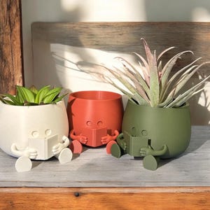 May include: Three 3D printed planters shaped like people sitting and reading books. The planters are white, red, and green. The plants are a succulent, a bromeliad, and a succulent.
