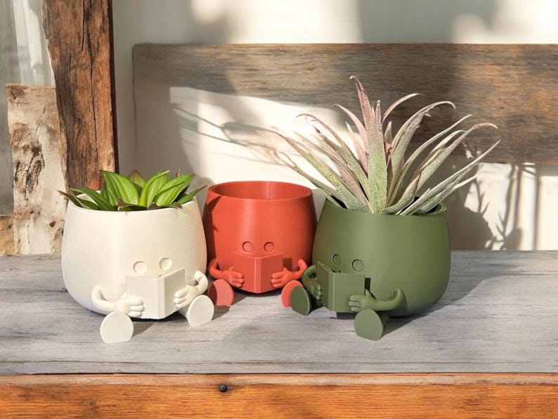 May include: Three 3D printed planters shaped like people sitting and reading books. The planters are white, red, and green. The plants are a succulent, a bromeliad, and a succulent.