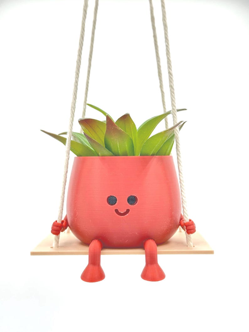 May include: A red hanging planter with a smiling face and legs, holding onto a wooden swing. The planter is filled with a green succulent plant.