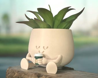 Happy Face Coffee Pot Planter | Succulent Desk Decor | Office or Home Gift