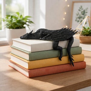 May include: A black dragon bookend rests on a stack of books. The dragon has detailed wings and a long tail that hangs down the side of the books. The books are in various colors, including white, green, yellow, and red.
