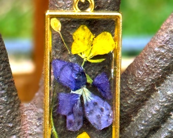 Pressed Violet and Mustard flowers pendant
