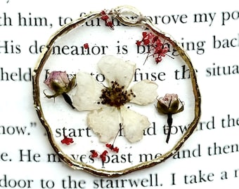 Real pressed wild rose and rose buds necklace.