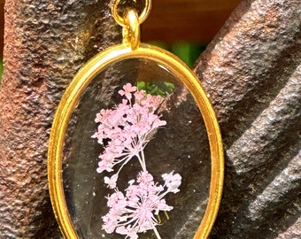 Handmade pressed Queen Annes Lace flower pendant.