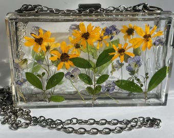 Hand picked dried  pressed flowers in clear acrylic/resin purses