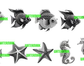 Black and White Fish ClipArt Stickers - Black and White Fish Collection - 10 Pack - High Definition - Commercial use - Designs