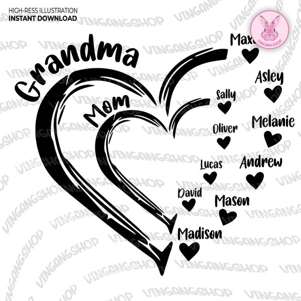 CUSTOM Grandma/Mom Kid Name Mama Heart Png, Personalized Kid Name/ Grandkids Name Png, Christmas Custom Png, Instant Download