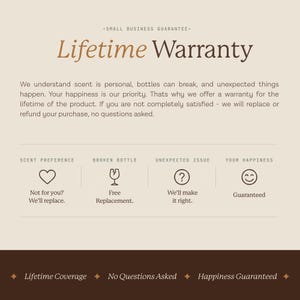 May include: A beige graphic with the text "Lifetime Warranty" in a stylized font. The text describes a guarantee for scent products, including free replacement for broken bottles and satisfaction assurance.